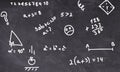 Black chalkboard illustration with chalk doodles. Concept of mathematics and calculus and geometry classes. School and education.