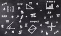 Black chalkboard illustration with chalk doodles. Mathematics, mathematical symbols and geometry.
