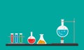 Illustration for background of chemistry flasks and utensils, test tubes with chemicals of different colors. Science lab.