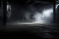 Obscured Elegance: Abstract Panoramic View of Dark Room Concrete Floor with Moving Fog. Generative AI