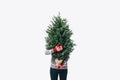 obscured view of person in winter sweater and mittens holding fir tree in hands isolated on white