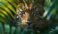 Observant jungle leopard predator lurking amidst lush foliage. Intense gaze piercing through vibrant greenery. Majestic big cat