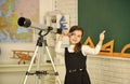 Observation concept. Astronomy and Astrophysics. Stars and galaxies. Study telescope. School astronomy lesson. School