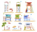 Observation deck at beach with lifeguard tower set vector flat illustration lifequarder construction Royalty Free Stock Photo