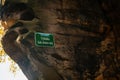 Observation deck Kde domov muj Where`s my home. Close up erosion holes of sandstone rock. Autumn at rock formation Besednicke