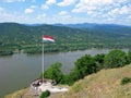 Observation deck over Danube, people, Hungarian flag