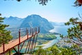 Observation deck Rampestreken in Andalsnes, Norway. Beautiful view on the mountains, the city and the fjords. Tourist place in Royalty Free Stock Photo