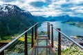 Observation deck Rampestreken in Andalsnes, Norway. Beautiful view on the mountains, the city and the fjords Royalty Free Stock Photo