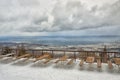 Observation deck at the ski recreation center in Baikalsk. Russia. On a mountain sable. Cloudy day. View of lake Baikal. Royalty Free Stock Photo