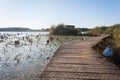 Observation hut for birdwatching on a marsh at golden hour Royalty Free Stock Photo