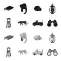 Observation tower for the hunter, leopard, hunting machine, binoculars. African safari set collection icons in black