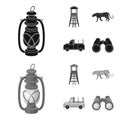 Observation tower for the hunter, leopard, hunting machine, binoculars. African safari set collection icons in black