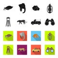 Observation tower for the hunter, leopard, hunting machine, binoculars. African safari set collection icons in black