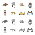 Observation tower for the hunter, leopard, hunting machine, binoculars. African safari set collection icons in cartoon