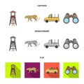 Observation tower for the hunter, leopard, hunting machine, binoculars. African safari set collection icons in cartoon