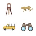 Observation tower for the hunter, leopard, hunting machine, binoculars. African safari set collection icons in cartoon Royalty Free Stock Photo