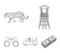 Observation tower for the hunter, leopard, hunting machine, binoculars. African safari set collection icons in outline