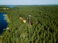 Observation tower overlooking Blatieji Lakajai in Lithuania, aerial