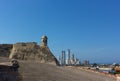 Observation tower of San Felipe de Barajas fortress with a view on modern cityscape of Cartagena, Colombia.