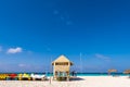 Observation tower on the sandy beach of the Playa Paradise, on the island of Cayo Largo, Cuba. Copy space for text. Royalty Free Stock Photo