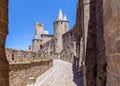 Observation towers and fortified walls of medieval castle of Carcassonne town Royalty Free Stock Photo