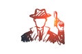 Observe, glass, gun, person, detective concept. Hand drawn isolated vector.