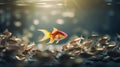 Observe a goldfish leading a pack of smaller fish, resembling a shark\'s fin. Ai Generated