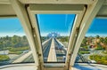 Observe Palm Jumeirah archipelago from the Monorail, on March 7 in Dubai, UAE