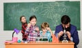 Observe reaction. Science is always the solution. School chemistry experiment. Explaining chemistry to kids. Fascinating Royalty Free Stock Photo