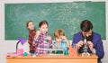 Observe reaction. Science is always the solution. School chemistry experiment. Explaining chemistry to kids. Fascinating Royalty Free Stock Photo