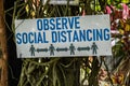 Observe Social Distancing sign tied to a tree in the park