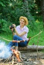 Observing nature concept. Girl ornithology expedition in forest. Girl enjoy hike in forest observing nature. Her hobby Royalty Free Stock Photo