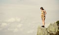 Observing point. Brave girl dangerous cliff. Suicidal mood. Brave and fearless. Depression concept. Brave woman stand Royalty Free Stock Photo