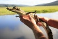 Observing young spectacled caiman in Kaw-Roura National Nature Reserve, French Guiana Royalty Free Stock Photo