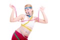 Obsessed fitness woman with a lot of colorful measure tapes