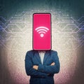 Obsessed phone headed businessman. Wifi addiction, social networks manipulation and brainwashing concept. Internet mass media Royalty Free Stock Photo