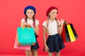 Obsessed with shopping and clothing malls. Shopaholic concept. Signs you are addicted to shopping. Kids cute schoolgirls