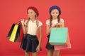 Obsessed with shopping and clothing malls. Shopaholic concept. Signs you are addicted to shopping. Kids cute schoolgirls