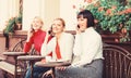 Obsessed with speaking. Using digital devices. Group women cafe terrace. Friendship meeting. Mobile addicted. Mobile Royalty Free Stock Photo