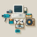 Old electronic appliances, gadgets and office equipment. Royalty Free Stock Photo