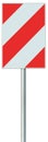 Obstacle detour barrier road sign on pole post, red, white diagonal striped vertical traffic safety warning signage, isolated