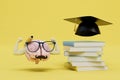 obtaining sports education. brain with hands muscles in glasses next to books and a master\'s hat. 3D render