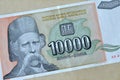 Obverse of 10.000 dinar paper banknote issued by Yugoslavia
