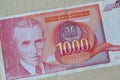 Obverse of 1.000 dinars paper banknote issued by Yugoslavia