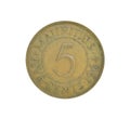 Obverse of Five cents coin made by Mauritius in 1964