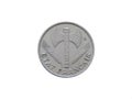 Obverse of France aluminium coin 50 centimes 1942. Isolated on white background.