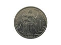 Obverse of French Polynesia coin 2 francs 2001 with inscription meaning FRENCH REPUBLIC. Royalty Free Stock Photo