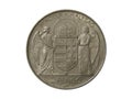 Obverse of Hungary commemorative coin 5 pengo 1943 with inscription meaning HUNGARIAN KINGDOM, isolated in white background.
