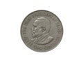 Obverse of Kenya coin 1 shilling with portrait of Kenya president, isolated in white background.