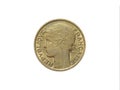 Obverse of old France coin 50 centimes 1932, isolated in white background.